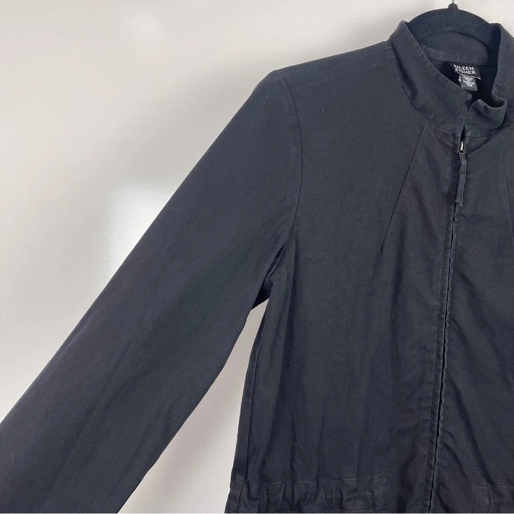 Eileen Fisher Black Cotton Zip-Up Utility Jacket Women's XS Pockets Cinch Waist - Picture 3 of 10